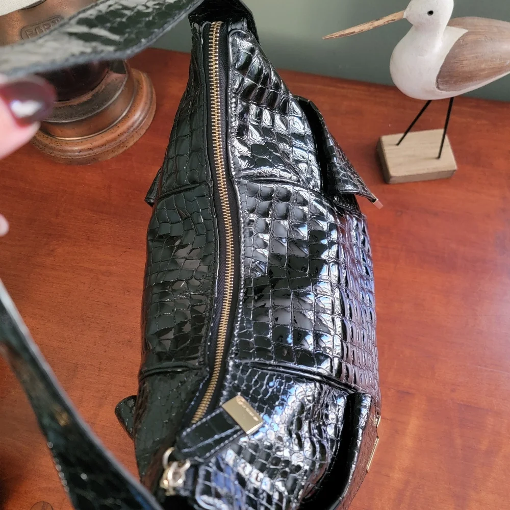 MICHAEL Michael Kors Croc Embossed Black Patent Leather Hobo Bag Y2K